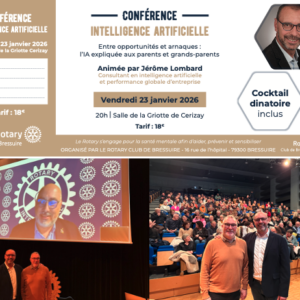 Conférence de Jérôme Lombard sur l’intelligence artificielle au Rotary Club de Bressuire — affiche et photos de la salle.