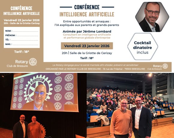 Conférence de Jérôme Lombard sur l’intelligence artificielle au Rotary Club de Bressuire — affiche et photos de la salle.
